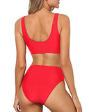 Emoswim – Bauchweg-High-Waist-Bikini, zweiteilig, Rundhals, für Damen – Neonrot