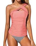 Emoswim – Damen asymmetrischer One-Shoulder-Tankini mit Shorts – Korallenrosa Streifen