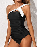 Emoswim - Women's Tankini Asymmetrical Top & Control Fit Shorts-Black