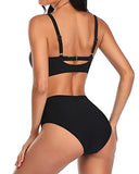 Emoswim - Sexy Tummy Control geraffte Krawattenknoten Bademode für Damen High Waist Bikini Set-Schwarz