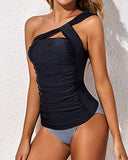 Emoswim - Schmeichelnde Zweiteilige Tankini-Badeanzüge mit One-Shoulder-Oberteil und Shorts-Badeanzüge – Schwarz gestreift
