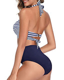 Emoswim - Two Piece Halter Ruched Highwaist Bikini Bathing Suit-Blue White Stripe