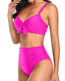 Emoswim - Stylish High Waisted Two Piece Swimsuit Tummy Control Ruched Bikini-Neon Pink