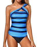 Emoswim – Rückenloses zweiteiliges Tankini-Badeanzug für Damen – Blau-schwarz gestreift