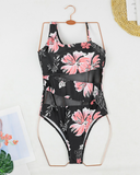 Emoswim – Sexy Cutout Mesh-Einsätze Einteiliger Badeanzug für kurvige Frauen – Rotes Blatt