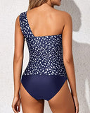 Emoswim - Flattering One Shoulder Backless & Strapless One Shoulder Tankini Swimsuit-Navy Blue Dots