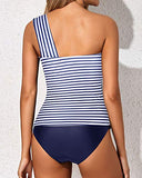 Emoswim - Stylish One Shoulder Swim Top 2 Piece Tankini Bathing Suits For Women Shorts-Blue White Stripe