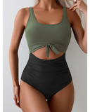 Emoswim - Women's One Piece Swimsuit Tummy Control Slimming Bathing Suit Cutout Tie Knot Swimwear-Green