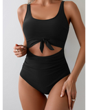 Emoswim - Damen Einteiliger Badeanzug Bauchkontrolle Figurformender Badeanzug Cutout Bindeknoten Bademode-Schwarz