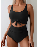 Emoswim - Damen Einteiliger Badeanzug Bauchkontrolle Figurformender Badeanzug Cutout Bindeknoten Bademode-Schwarz