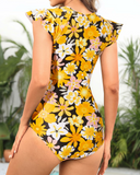 Emoswim – Damen hochgeschlossener, kurzärmliger Einteiler Rash Guard – Gelbe Blumen