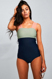 Emoswim-Neckholder-Badeanzug mit Karree-Ausschnitt, pinkem Träger und Farbblockmuster "Paradise"