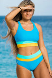 Emoswim-High Waist Colorblock Marine Cut Back Crop Bikini Set