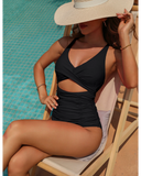Emoswim – Damen-Badeanzüge, einteilig, Push-up, Bauchkontrolle, V-Ausschnitt, Cut-out, dezente Bademode – Schwarz