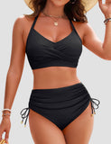 Emoswim Damen High Waist Bikini-Sets, Tunnelzug, Bauchkontrolle, Bademode, überkreuzte Träger zum Binden