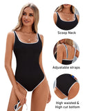 Emoswim Damen Einteiler Badeanzug Sport Verstellbarer Träger Color Block Gerippt Hoher Beinausschnitt