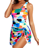 Emoswim Damen Einteiler Badekleid One Shoulder mit Rock – Color Block