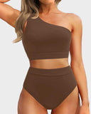 Emoswim-High-Waist Bikini-Set mit One-Shoulder-Träger und Bauchkontrolle-Kaffee