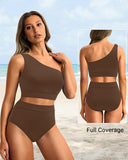 Emoswim-High-Waist Bikini-Set mit One-Shoulder-Träger und Bauchkontrolle-Kaffee