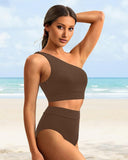 Emoswim-High-Waist Bikini-Set mit One-Shoulder-Träger und Bauchkontrolle-Kaffee