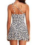 Emoswim Damen Einteiler-Schwimmkleid One-Shoulder-Badeanzug mit Rock-Leopard