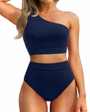 Emoswim-High-Waist One-Shoulder Tummy Control Bikini Set-Navy Blue