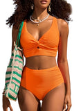 Emoswim geripptes Twist-Front Longline High-Waist Bikini Set DGHW2901-Orange