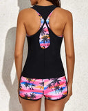 Emoswim-Pink Palm 3 Piece Tank Bathing Suits With Shorts And Racer back Sports