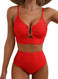 Emoswim-High-Waisted Tummy Control Bikini Set Textured U-Wire Cutout Swimwear HWTC2301-Red
