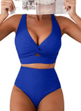 Emoswim-Gerippter Twist-Front High-Waist Bikini-Set DGHW2901-Königsblau