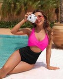 Emoswim – Damen Einteiler Push Up Badeanzug Bauchweg V-Ausschnitt Cutout Modest Bademode – Pink/Schwarz