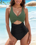 Emoswim - Damen Einteiliger Badeanzug Push Up Bauchkontrolle Bademode V-Ausschnitt Cutout Modest Badeanzug-Grün/Schwarz