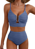 Emoswim-High-Waisted Tummy Control Bikini Set Textured U-Wire Cutout Swimwear HWTC2301-Sky Blue