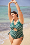 Emoswim-Green Check Crisscross Tie Back Drawstring One Piece Swimsuit DGPS1504
