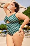 Emoswim-Green Check Crisscross Tie Back Drawstring One Piece Swimsuit DGPS1504