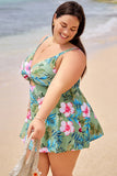 Emoswim-Pink Floral & Green Palm V-Neck Cutout Tankini DGPS1517