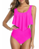 Emoswim - Sexy High Waisted Two Piece Women Ruffled Flounce Bikini Swimsuit-Pink