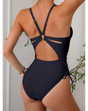 Emoswim - Damen Einteiliger Badeanzug Bauchkontrolle Sommer Strand Badeanzug für Frauen Unifarben V-Ausschnitt Rücken O-Ring Bademode-Schwarz
