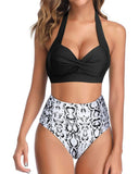 Emoswim - Vintage Swimsuit Halter Ruched Highwaist Bikini Bathing Suit-Black Snake