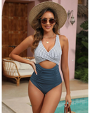 Emoswim - Damen Einteiler-Badeanzüge Push-up Bauchkontrolle Bademode V-Ausschnitt Cutout Dezente Bademode-Weiß/Blau