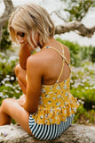Emoswim-Peplum Tankini-Badeanzug in Senfgelb mit Gänseblümchenmuster