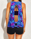 Emoswim - Damen 3-teiliger Tankini mit U-Boot-Ausschnitt und Kreuzträgern - Blau Lila Blätter
