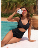 Emoswim – Damen-Badeanzüge, einteilig, Push-up, Bauchkontrolle, V-Ausschnitt, Cut-out, dezente Bademode – Schwarz