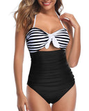 Emoswim - Hochgeschnittener Neckholder Retro High Waist Badeanzug - Schwarz-Weiß gestreift