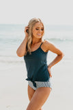 Emoswim-Tie Front Blouson Swim Tankini In Navy Blue