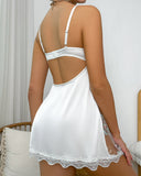 Emoswim-Floral Lace Open Back Satin Nightgown